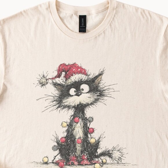 Christmas Cat Santa Hat Shirt Cute Holiday Kitty with Lights Funny Graphic Tee - Picture 2 of 6